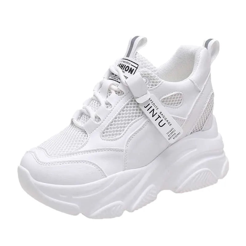 Women's black mesh platform casual shoes with hollow out details and a toe holder.