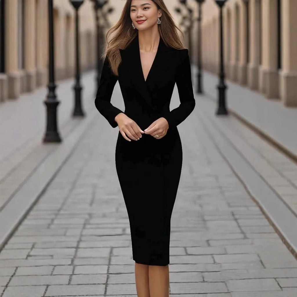 Women's single-breasted coat dress with high waist and long sleeves in polyester fabric