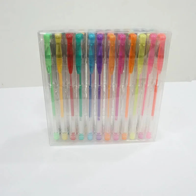 Set of 100 assorted colour gel pens with plastic barrels, showing fine and broad tips for drawing and highlighting.
