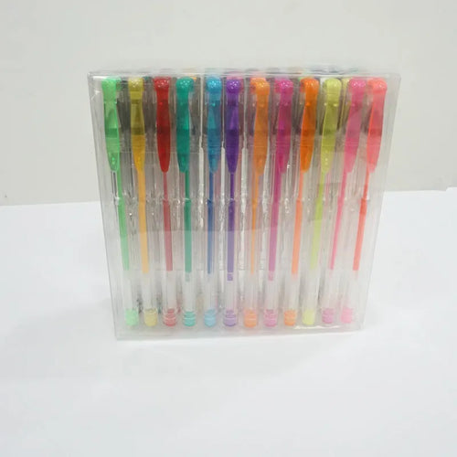 Set of 100 assorted colour gel pens with plastic barrels, showing fine and broad tips for drawing and highlighting.