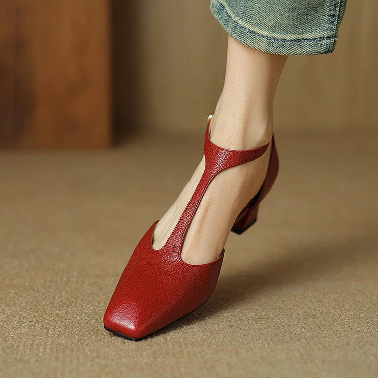 Women's wine red square toe chunky heel shoes with a buckle strap, made from sheepskin leather.