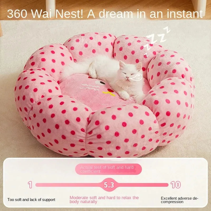 Pink dot fabric cat bed with fully cushioned design in 45cm and 65cm diameter sizes