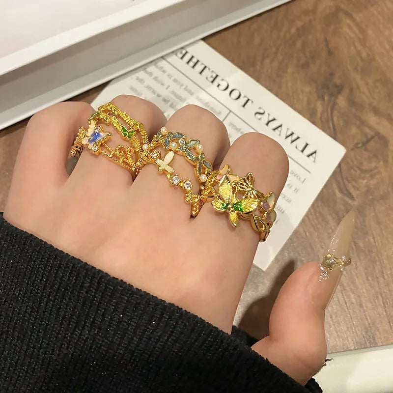 Copper butterfly ring for women with Chinese design and oil drip finish texture