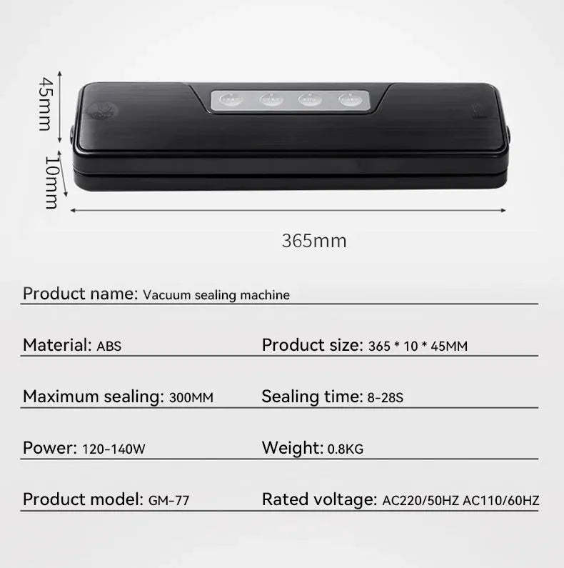 Black automatic vacuum sealer machine for household food preservation with compact design