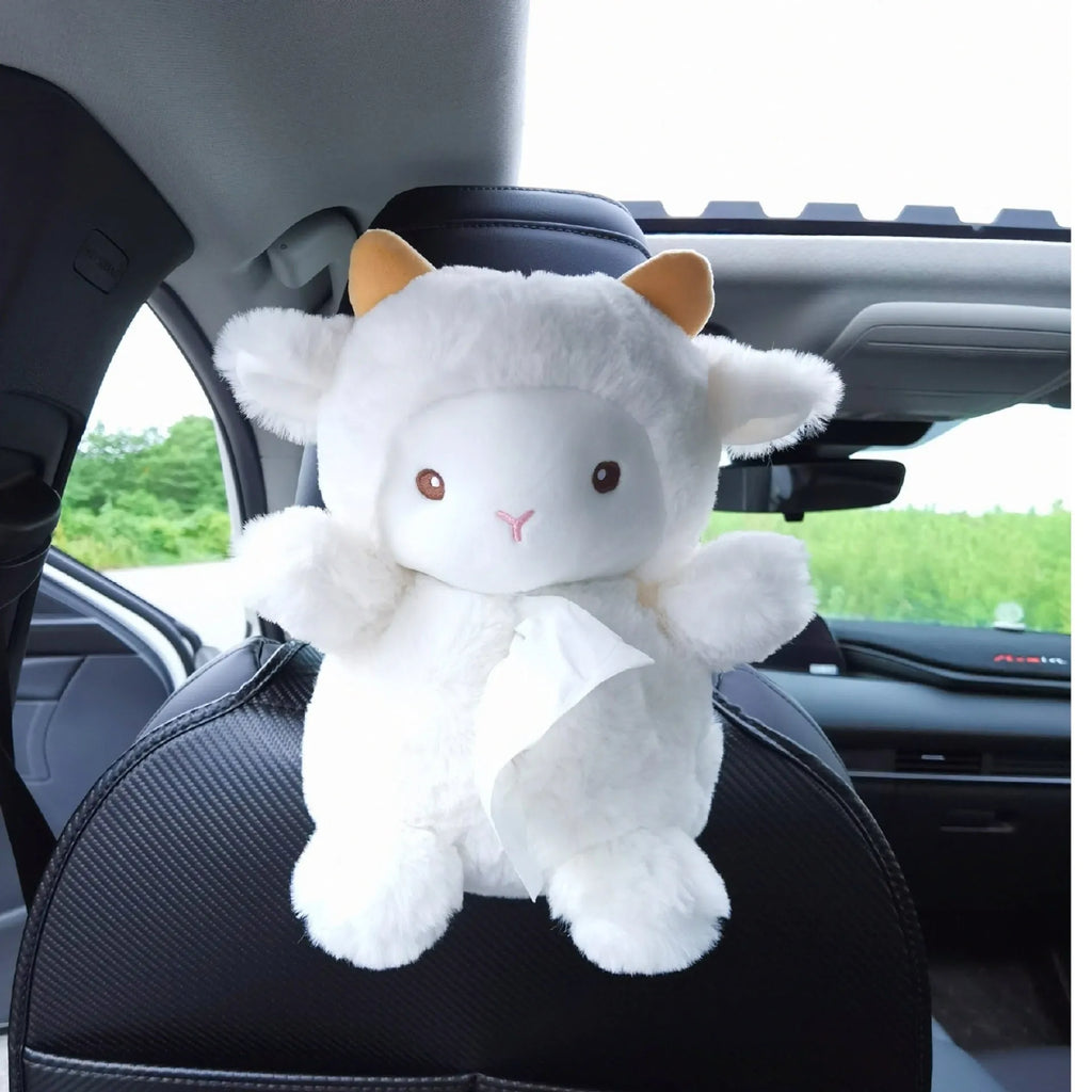 Plush lamb design car tissue box cover with soft fabric material