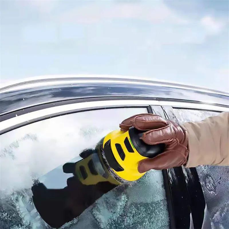 Yellow cordless electric ice scraper with USB charging cable for car window de-icing