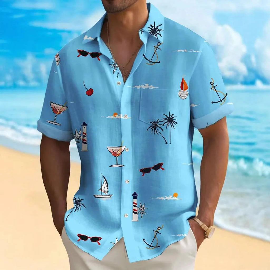 Man wearing a colourful digital print Hawaiian shirt with short sleeves and a loose fit.