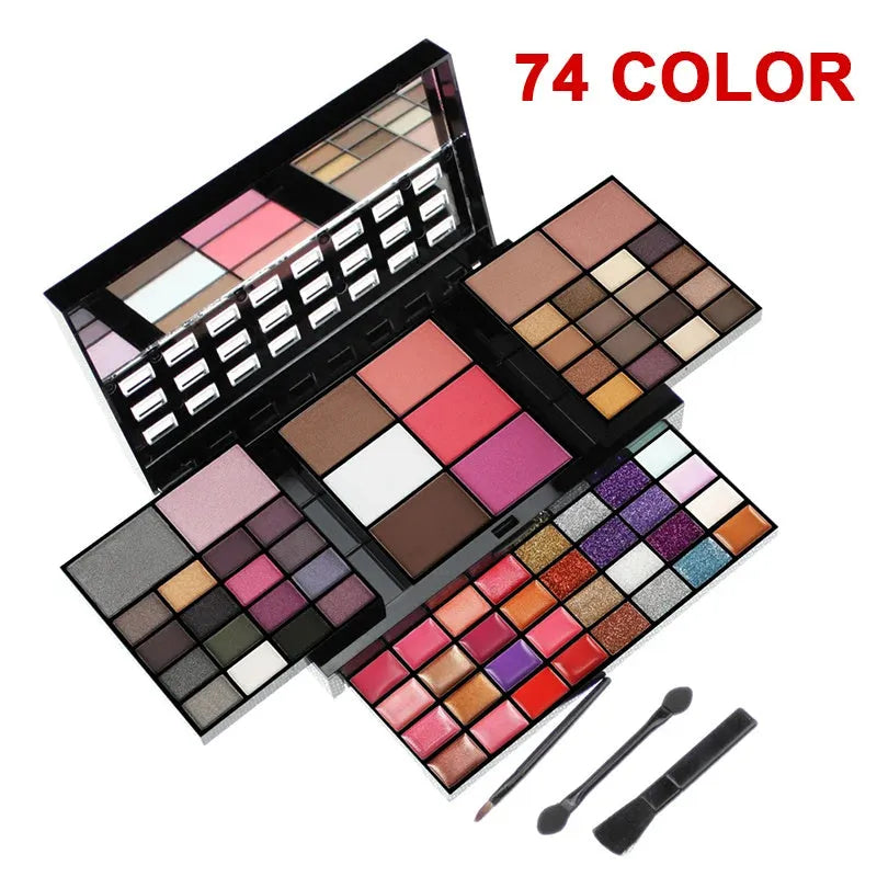 74 colour makeup combination plate with four layers, mirror, and included brushes