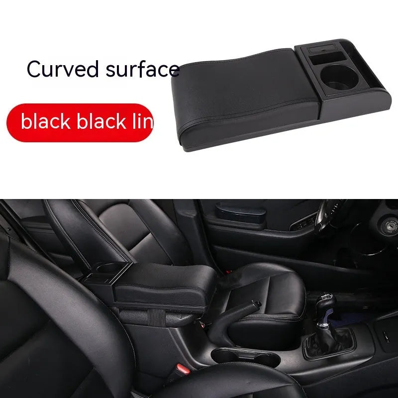 Universal plastic car armrest cover in black with red cord stitching on a centre console