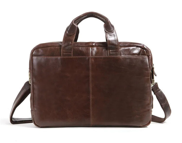 Brown men's business briefcase with 18-inch laptop compartment in first layer cowhide leather