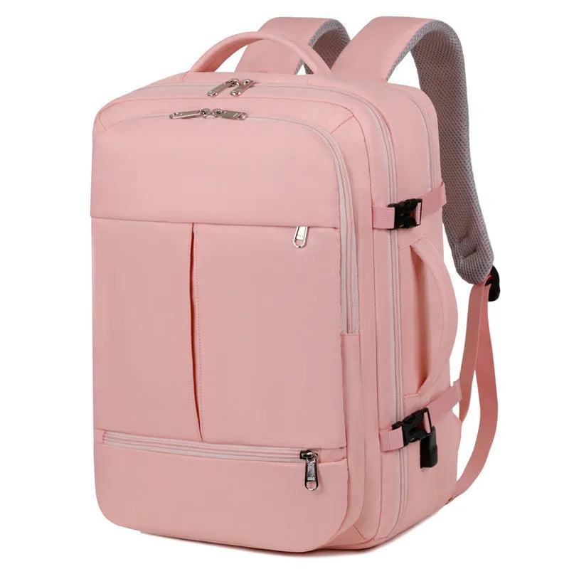 Waterproof Oxford cloth backpack in five colours showing multiple pockets and laptop compartment