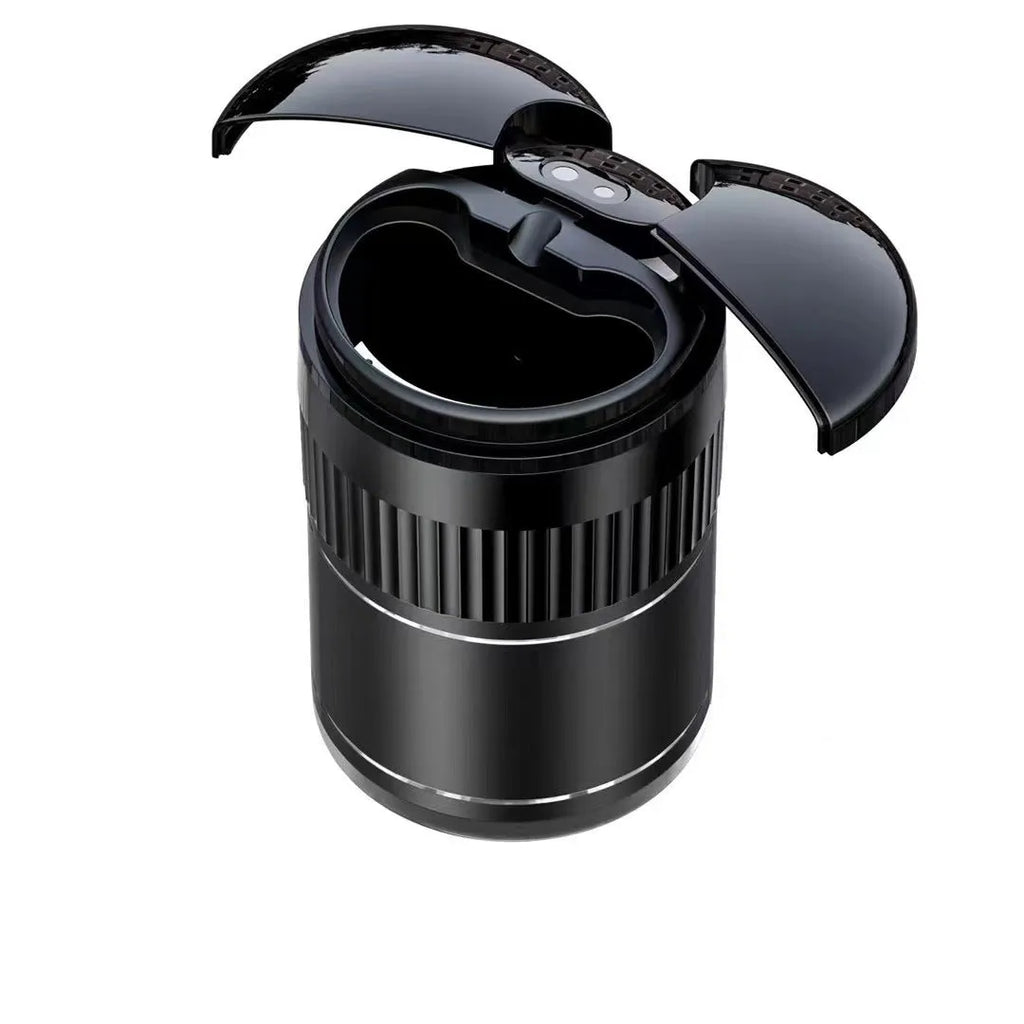 Metal car ashtray with automatic lid in black, green, red, or silver, showing compact 113mm by 72mm size.