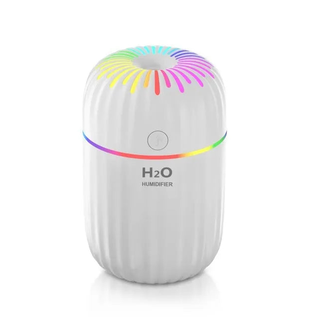 USB mini humidifier with fireworks design in white, pink, or green colours showing compact 75mm size