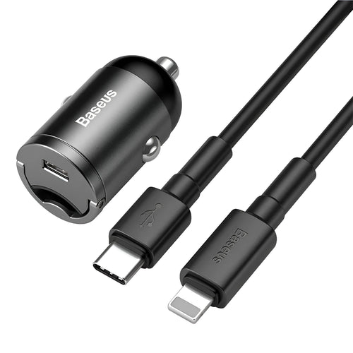 Baseus electro-optical grey 30W car charger with 1 metre cable and USB connector