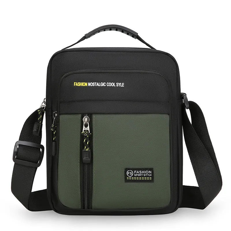 Men's casual nylon messenger crossbody bag with sewn thread detail, shown in available colours.