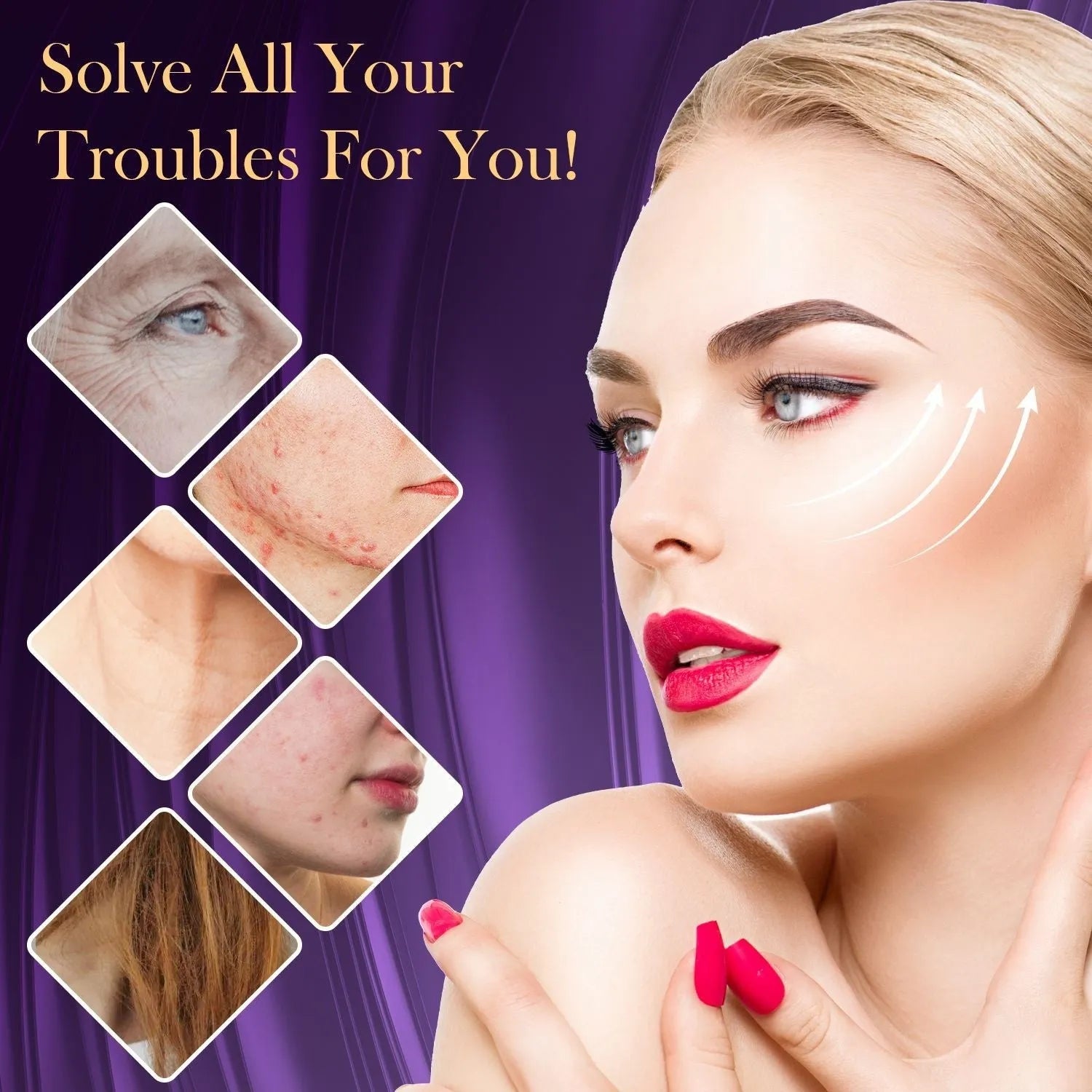 Purple household high wave electrotherapy rod beauty appliance with six accessory heads for wrinkle removal