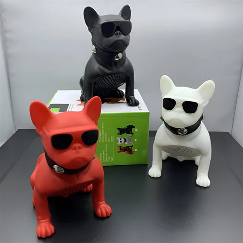 Mini bulldog-shaped Bluetooth speaker in black, red, or white colour, showing compact design.