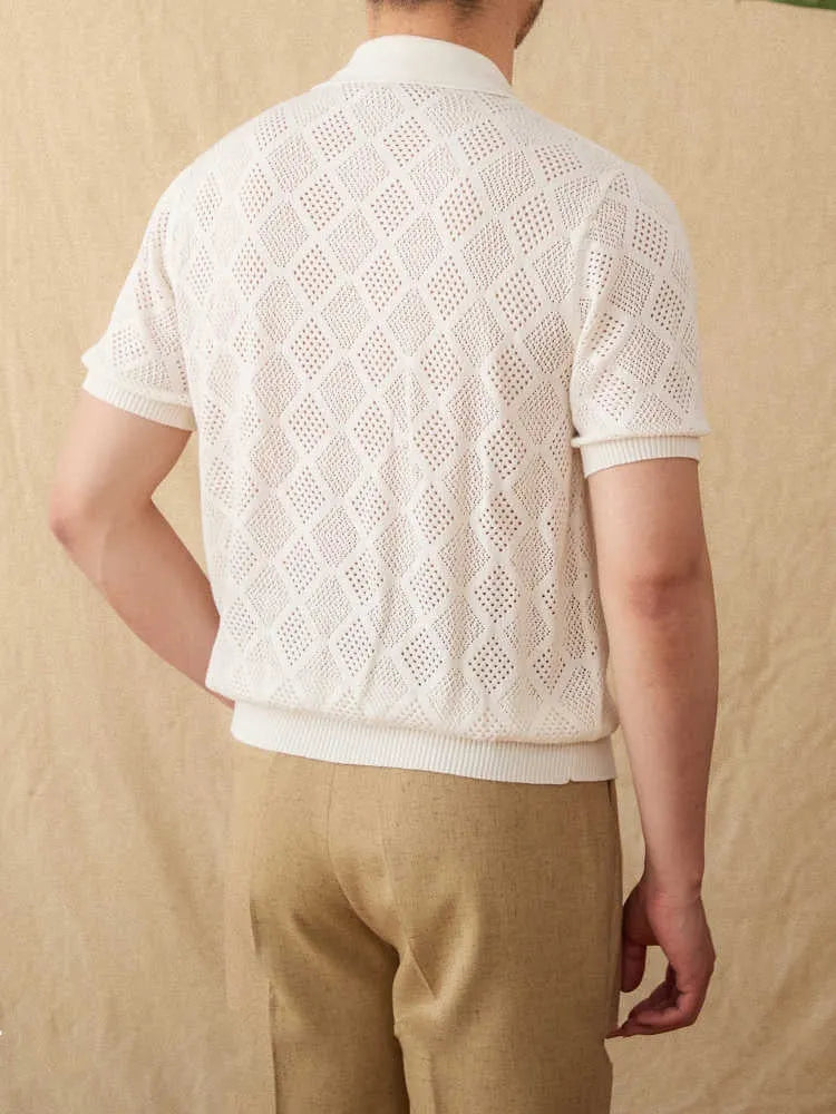 Light brown cotton cardigan with front zipper and lapel collar showing short sleeve design