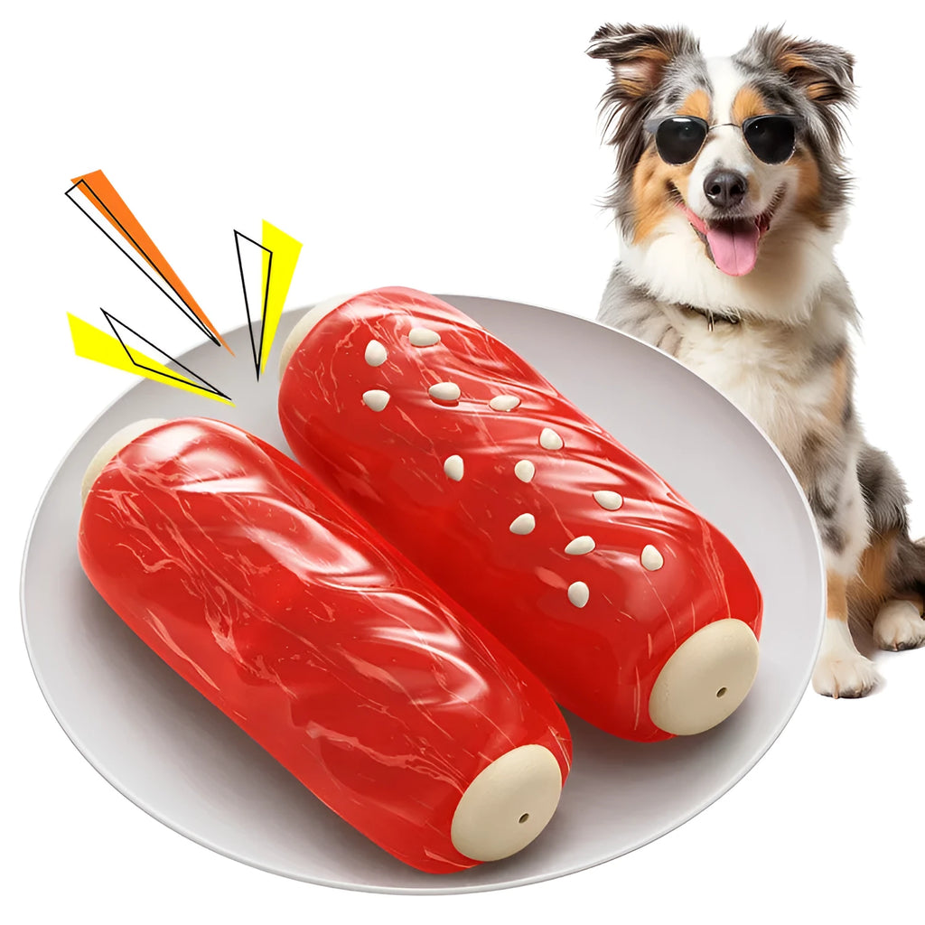 Plastic molar rod dog chew toy with glue toothbrush design and hollow treat compartment in primary colours