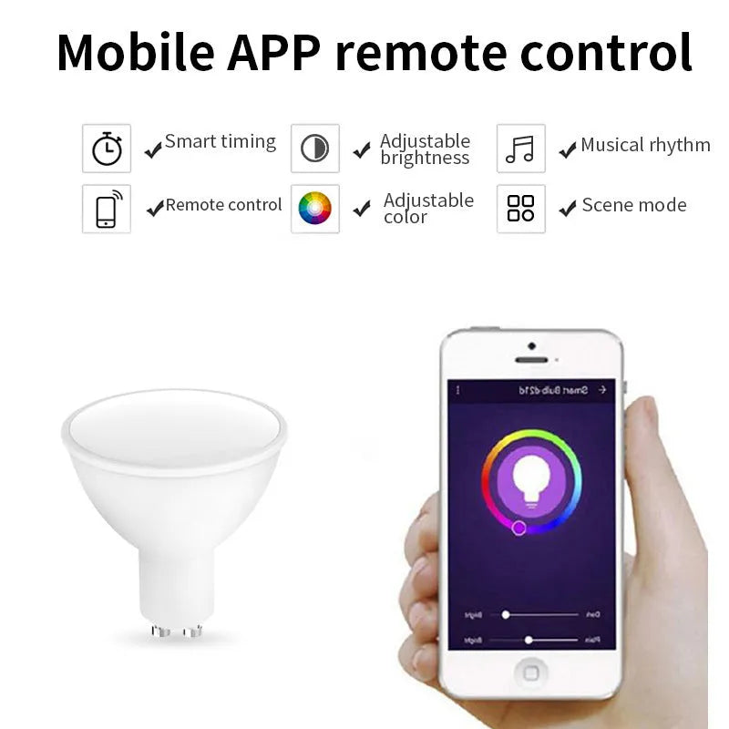 Smart GU10 RGBCCT LED spotlight with compact 50x55mm dimensions and Wi-Fi connectivity