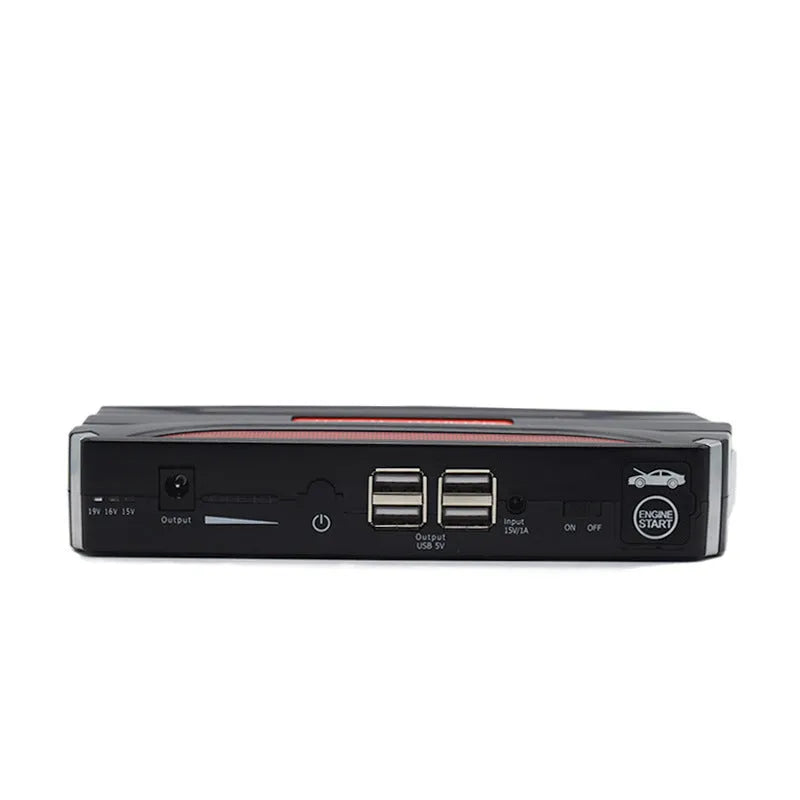 Black and red 12V vehicle emergency starting power supply with 7800mAh battery capacity