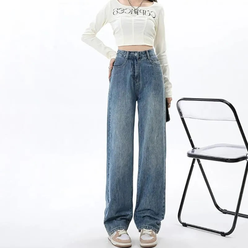 Women's retro blue wide leg high waist jeans with straight cut and spandex denim