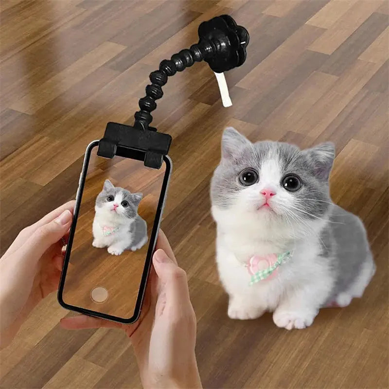 Plastic pet photography mobile phone holder with rotating treat clip in black or white colour
