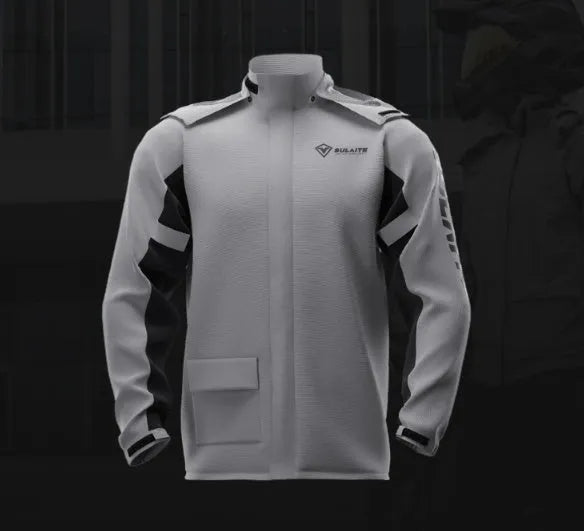 Adult motorcycle raincoat and rain pants suit with hidden shoe covers in a storage bag.