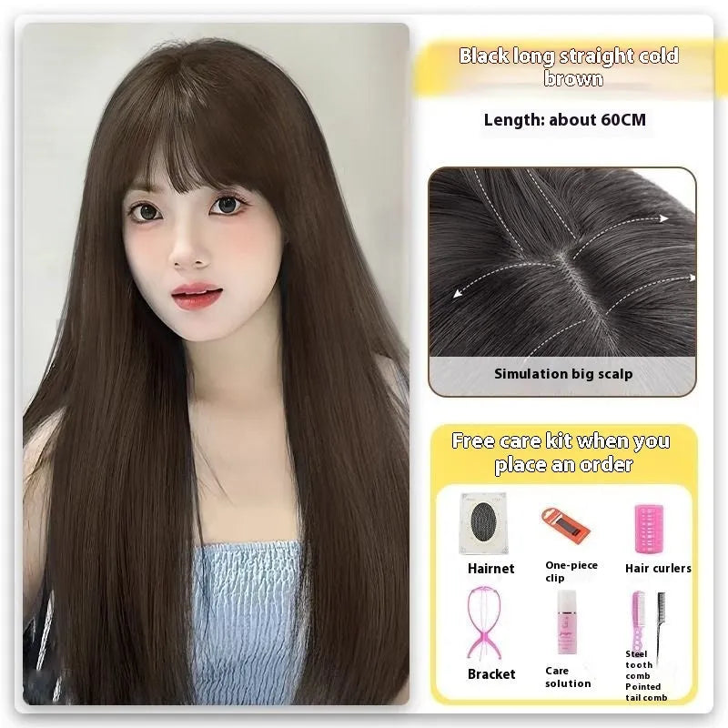 Forehead lace long straight full-head wig with side bangs in high temperature fibre material