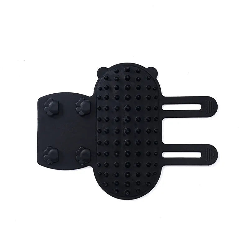 Silicone pet grooming brush with comb teeth and adjustable strap in black, green, pink or yellow