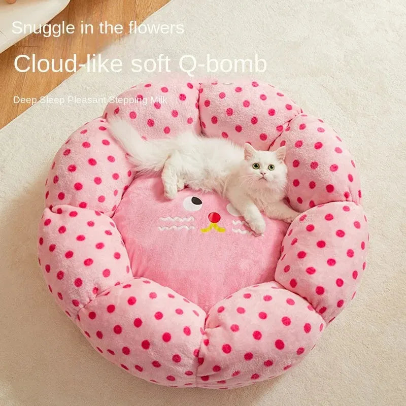 Pink dot fabric cat bed with fully cushioned design in 45cm and 65cm diameter sizes