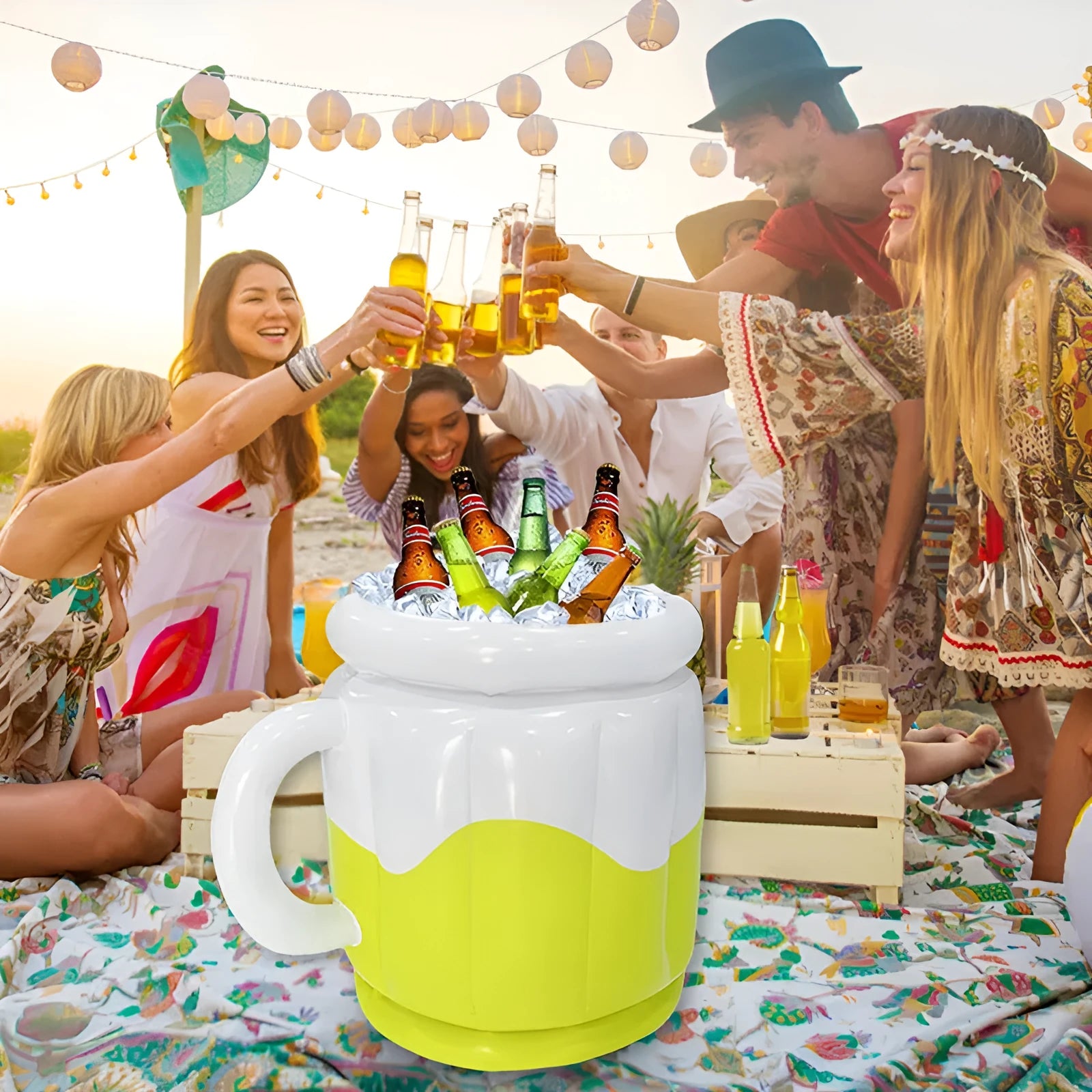 Yellow inflatable PVC ice bucket designed for beer steins, deflated for portable transport