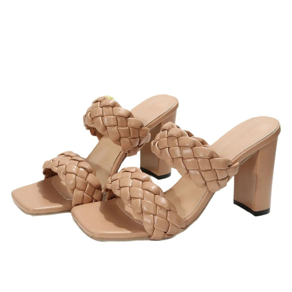 White square toe flip-flops with chunky heel and woven twisted PU upper on a rubber sole.
