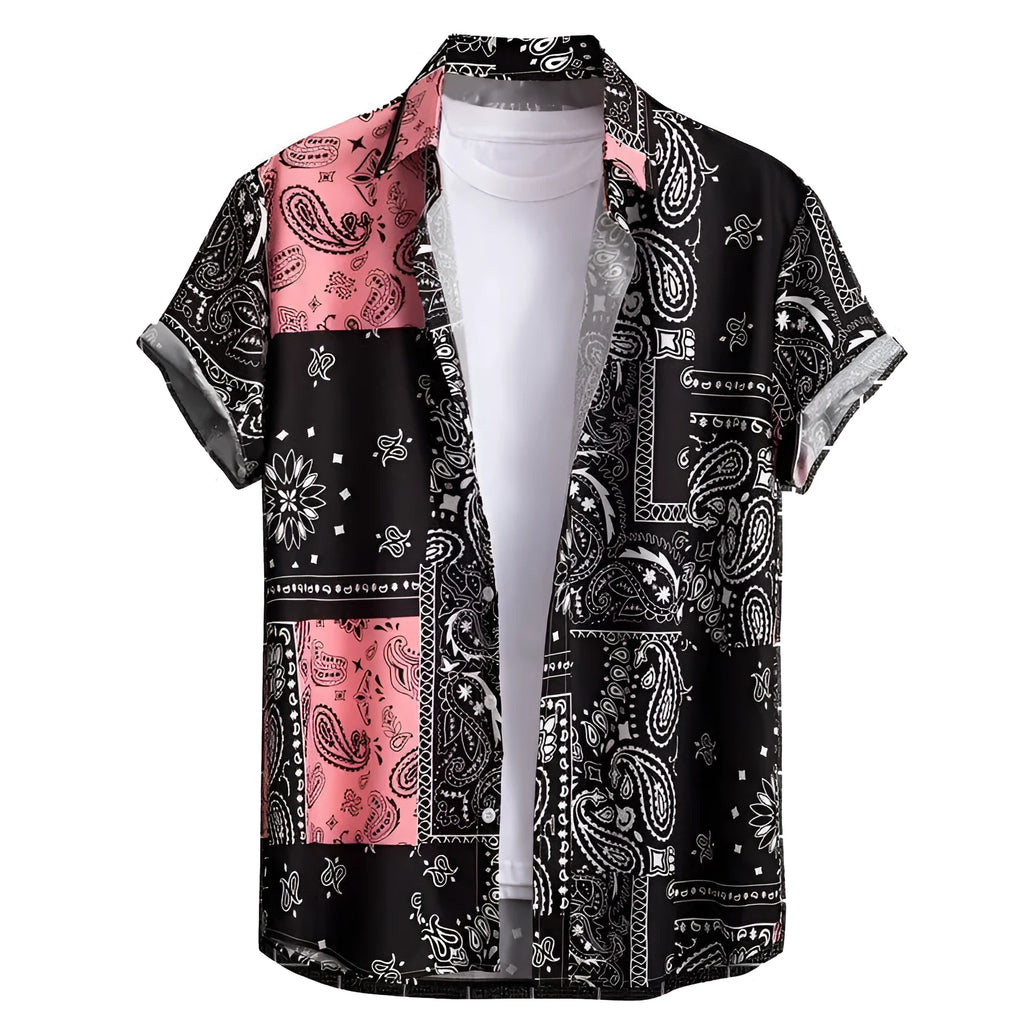 Men's slim fit digital print Hawaiian shirt in elastic polyester fabric on a model.