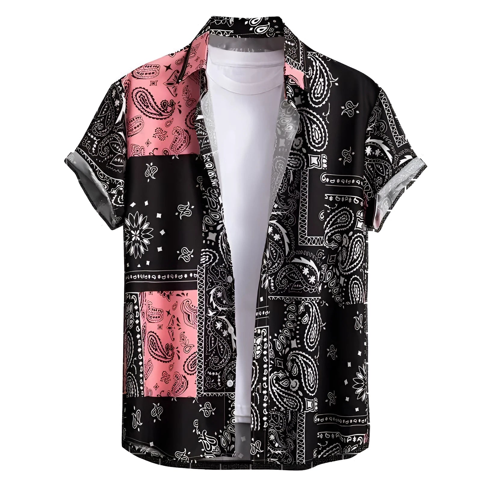 Men's slim fit digital print Hawaiian shirt in elastic polyester fabric on a model.