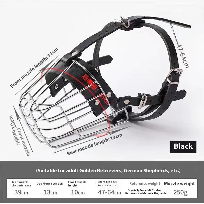 Black metal dog muzzle designed specifically for Golden Retrievers and German Shepherds