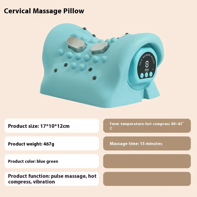 Blue-green portable EMS and hot compress massage pillow for shoulders and neck