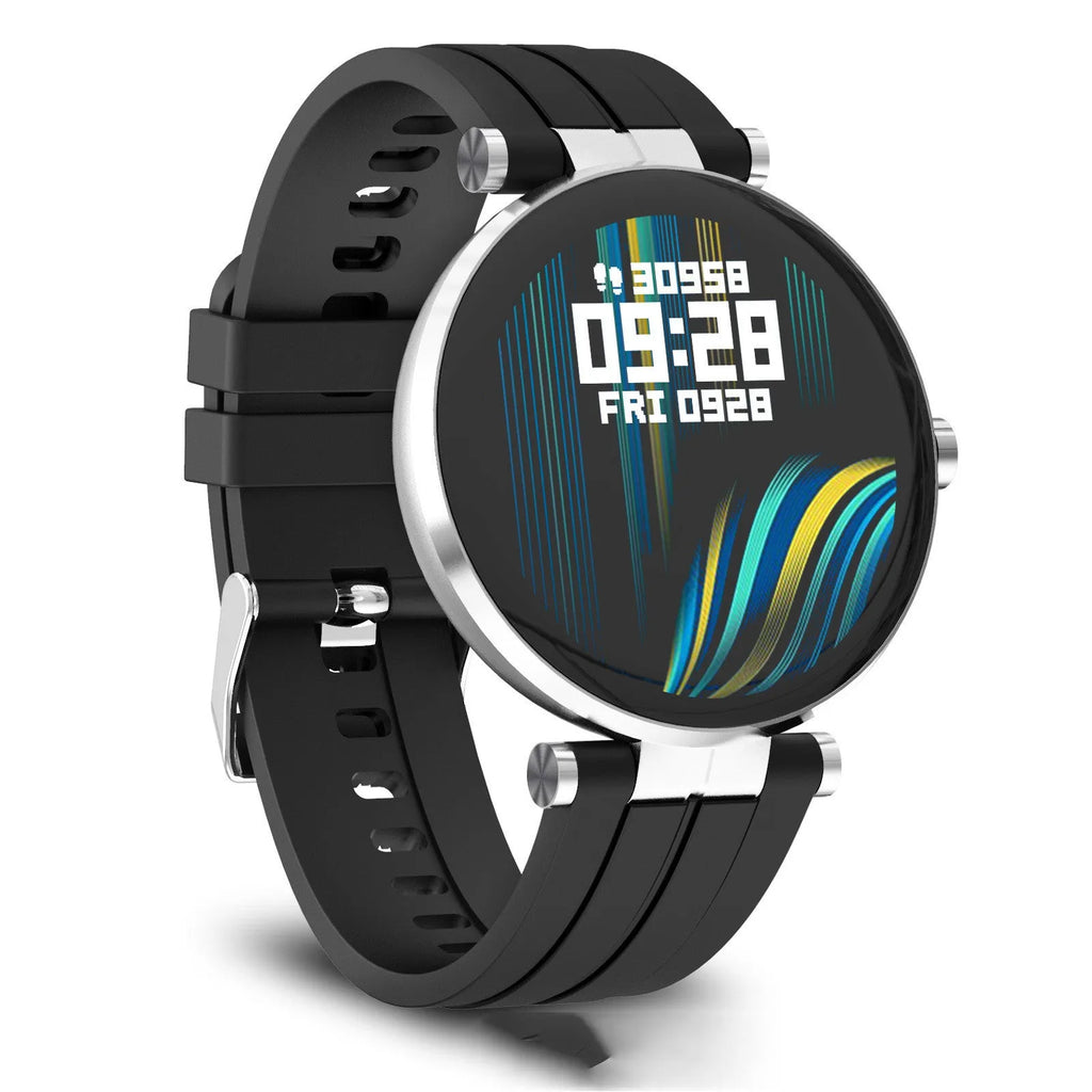 Smart watch with blood pressure monitoring on wrist showing 1.3-inch touch screen and silicone strap