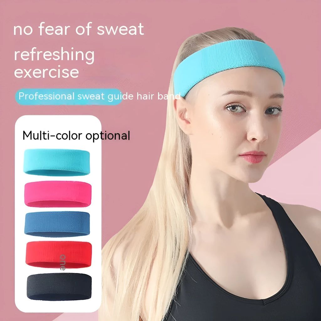 Widening elastic sports sweat headband in black, red, blue, rose red and sky blue colours.