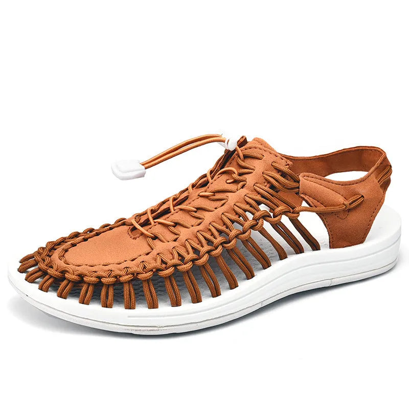 Woven Roman-style sandals with elastic drawstring tie and non-slip rubber sole