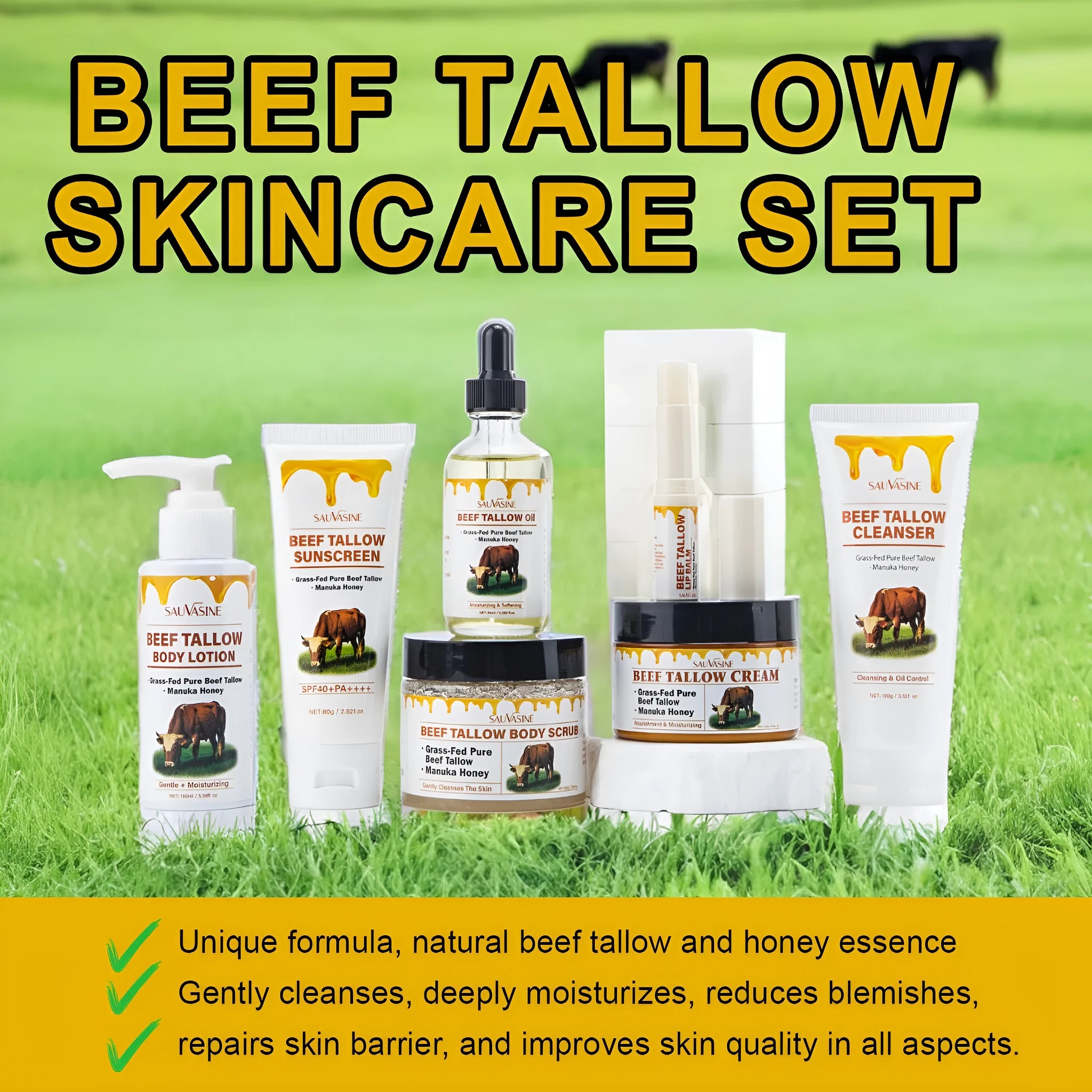 Seven-piece butter honey skincare set with face cream, cleanser, protective cream, lipstick, body lotion, facial scrub, and beef fat products