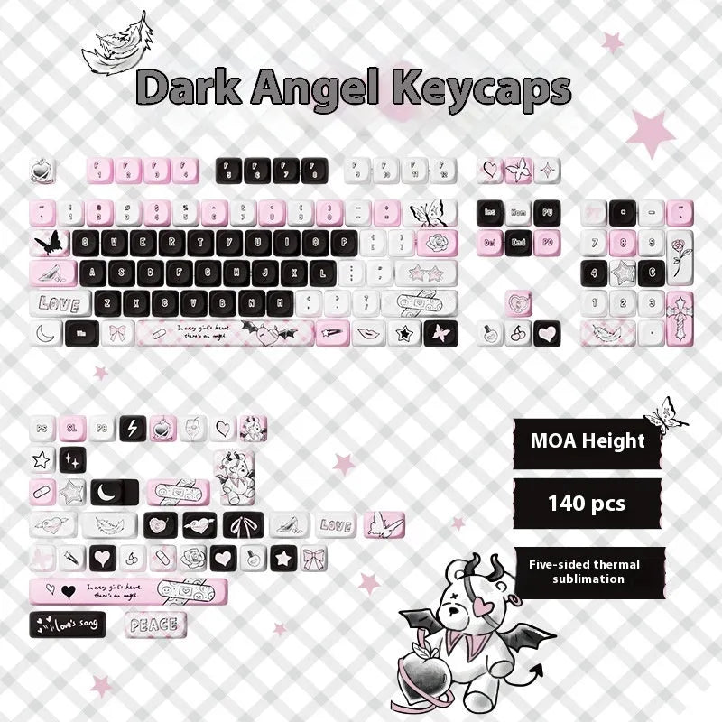 Full set of colourful cartoon pig and anime-themed mechanical keyboard keycaps with sublimation printing on a black background.