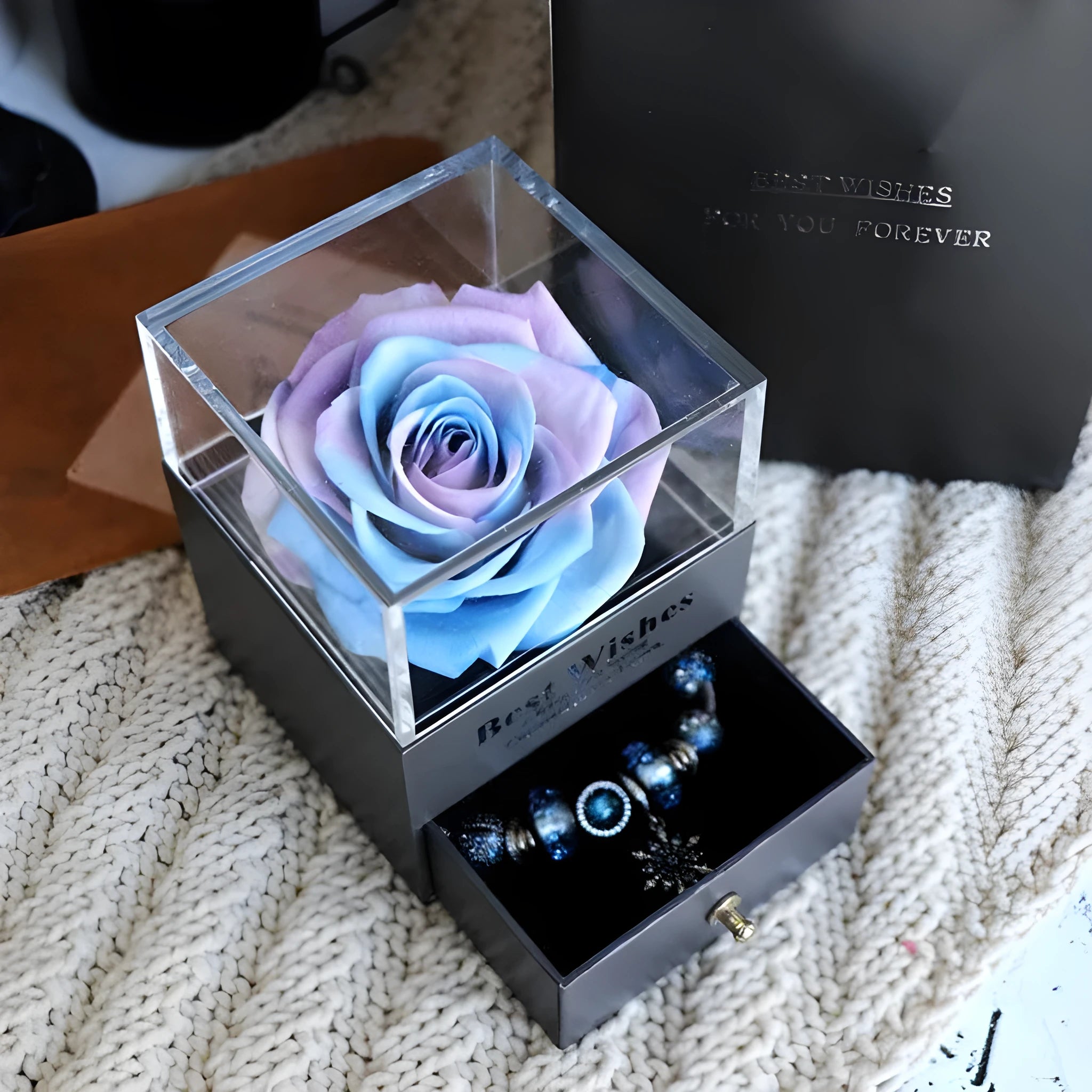 Preserved eternal rose and carnation gift box in glass display case for jewellery storage
