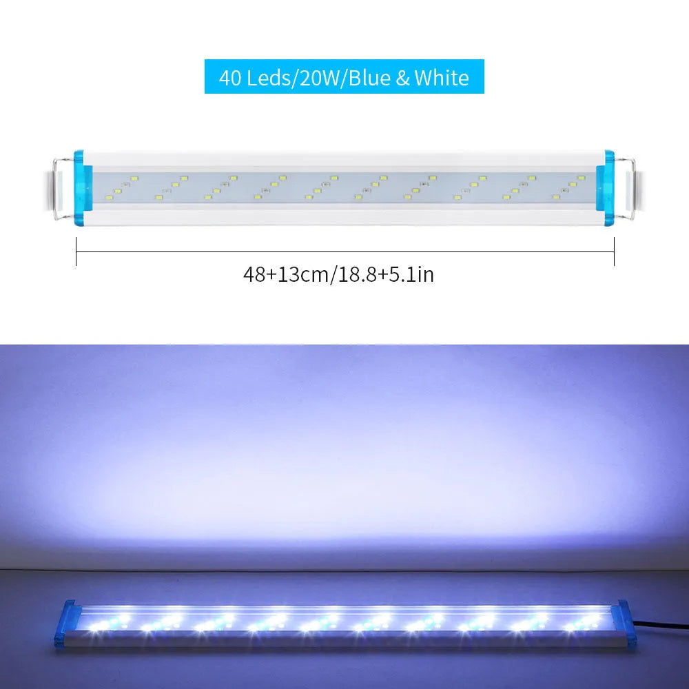 Ultra-thin blue and white aquarium light fixture in various lengths on a PVC housing.
