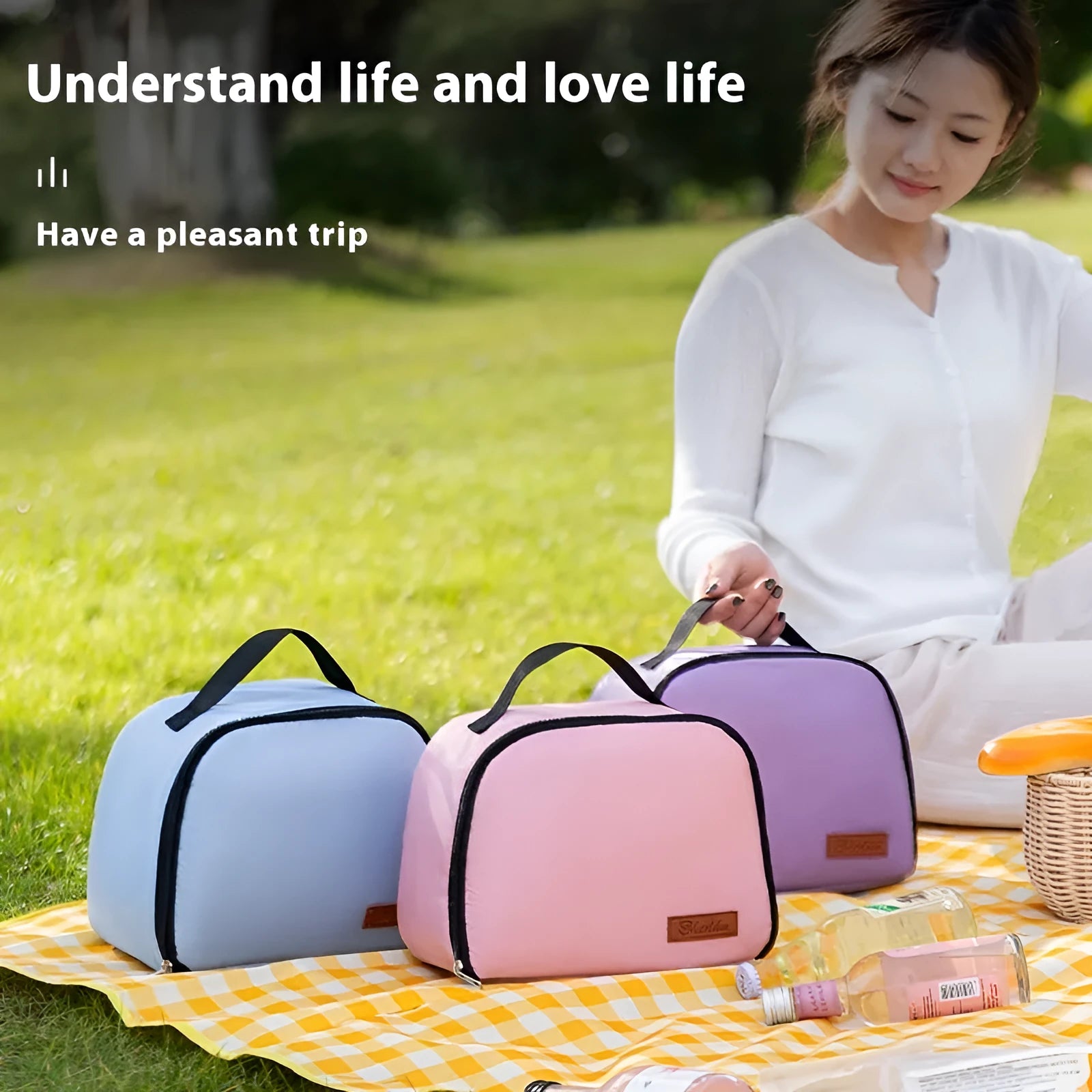 Large insulated lunch box bento handbag in textured cloth with heat preservation function