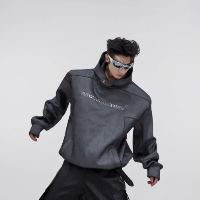 Men's black hooded sweater with metal three-dimensional printing and structural shoulder pads