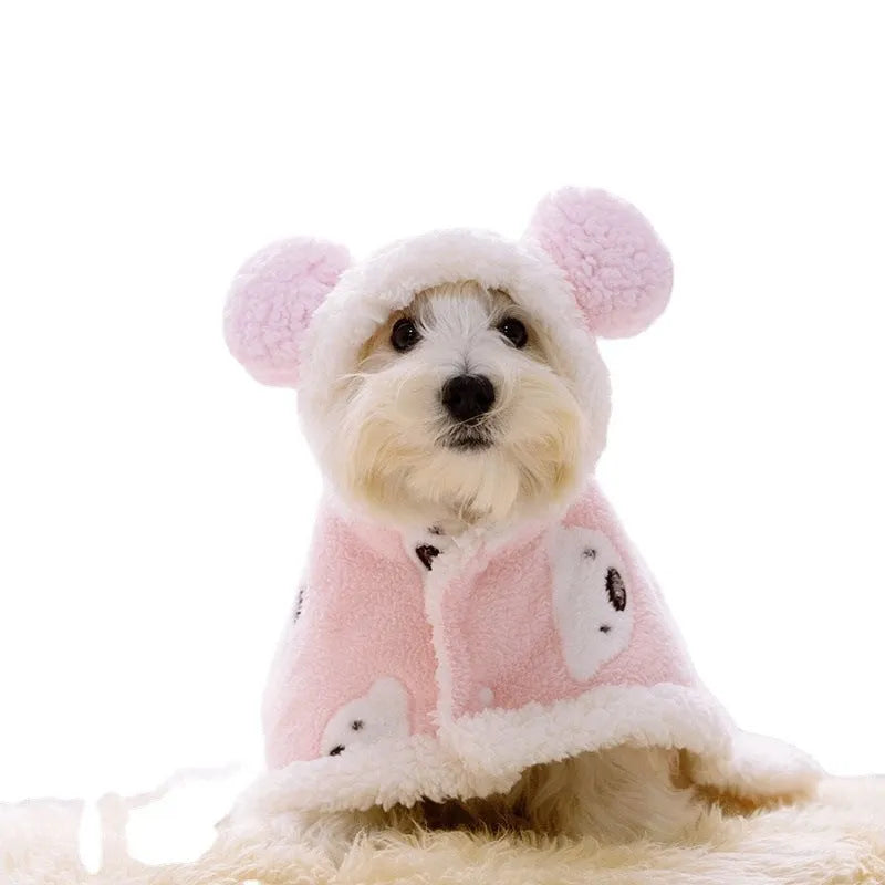Coral fleece dog cloak robe in brown or pink, bear cloak style, sizes S M L for 1.5kg to 10kg dogs