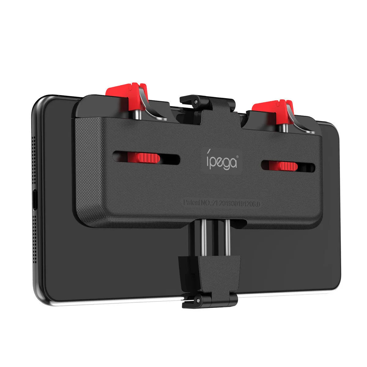 Black PG-9137 mobile phone game bracket with adjustable trigger and telescopic side clip extended.