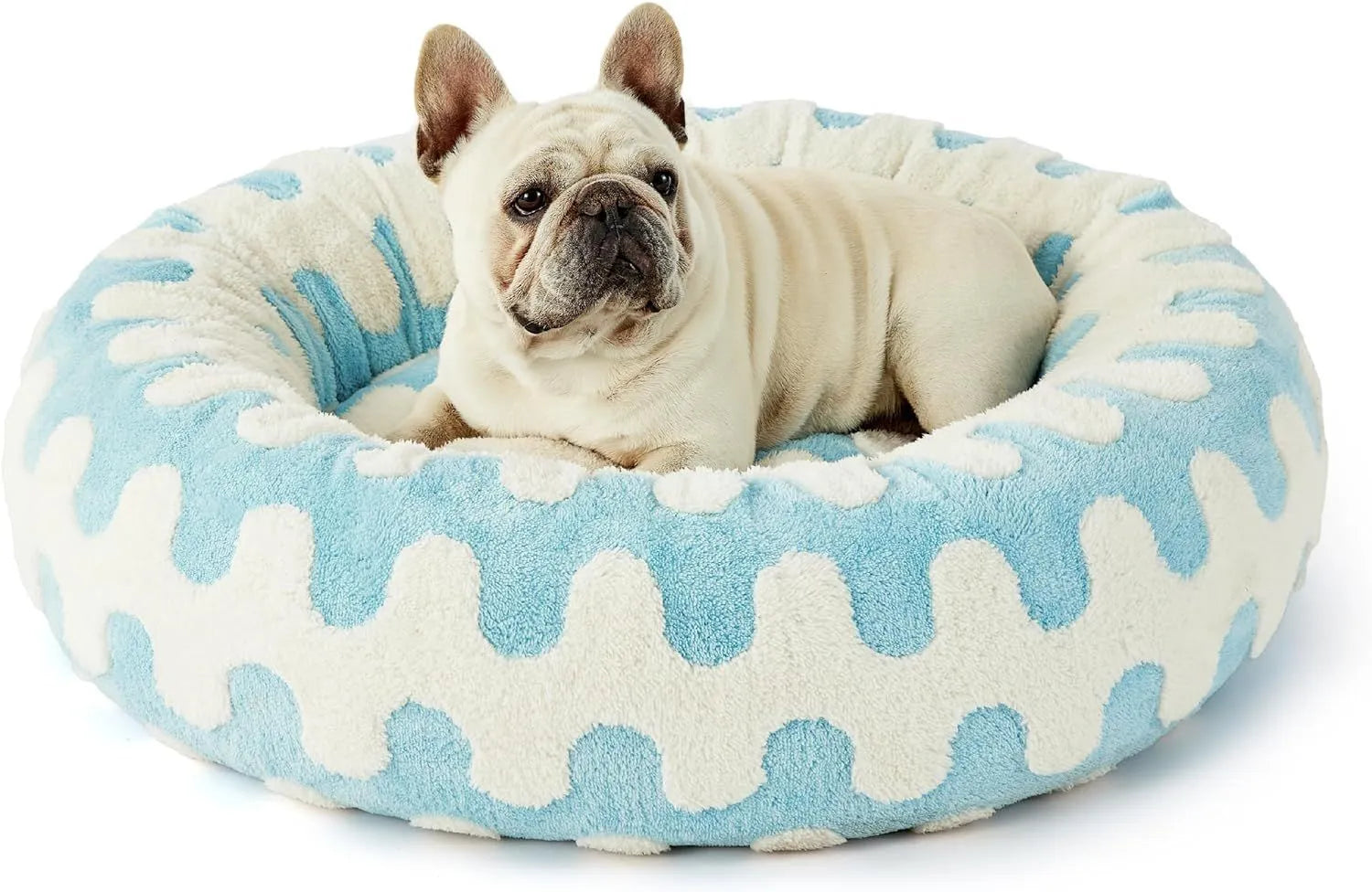Round plaid dog bed with plastic base, shown in sea blue and white colour, with removable washable cover.