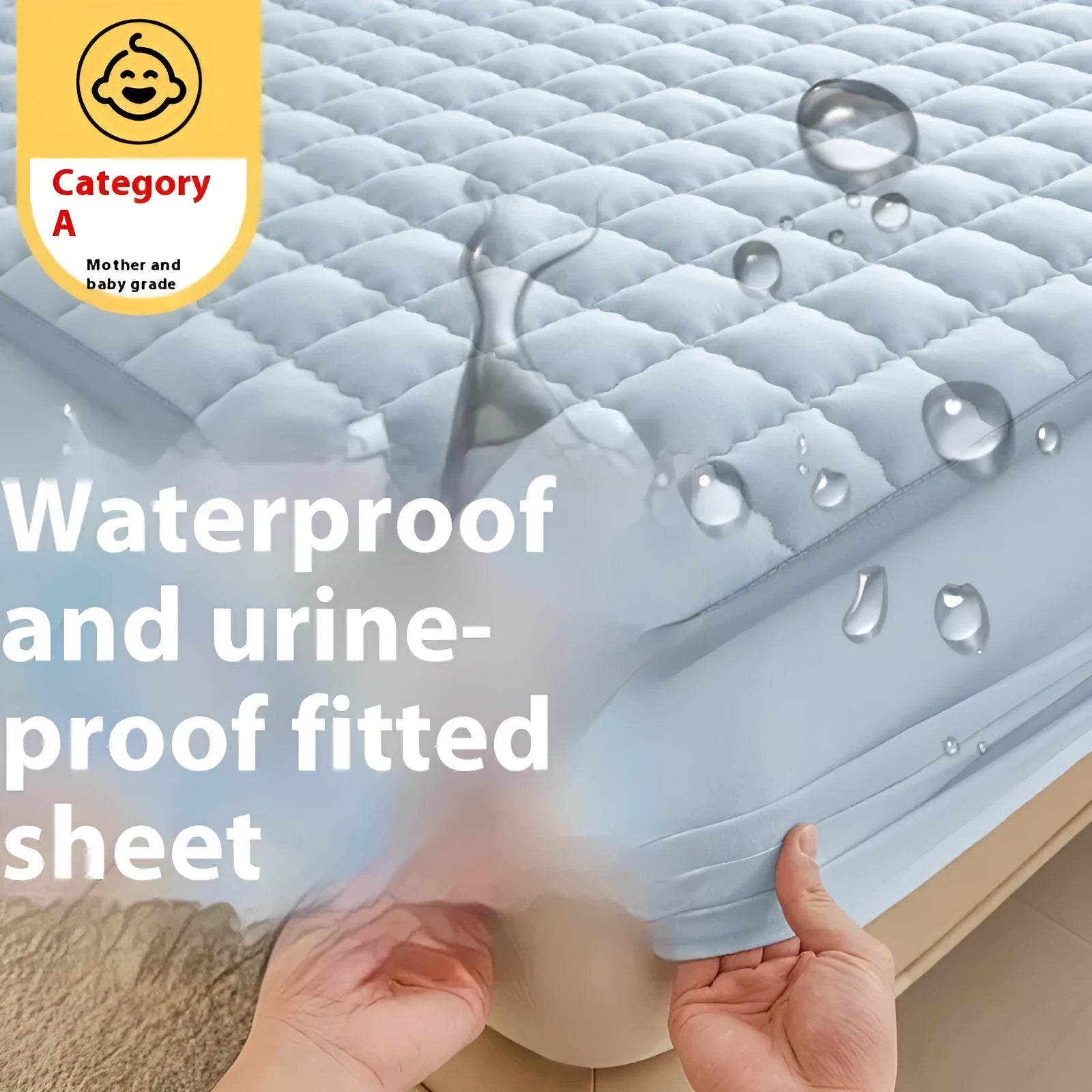 Class A waterproof washed cotton fitted bed sheet shown in light grey, fitted over a mattress.